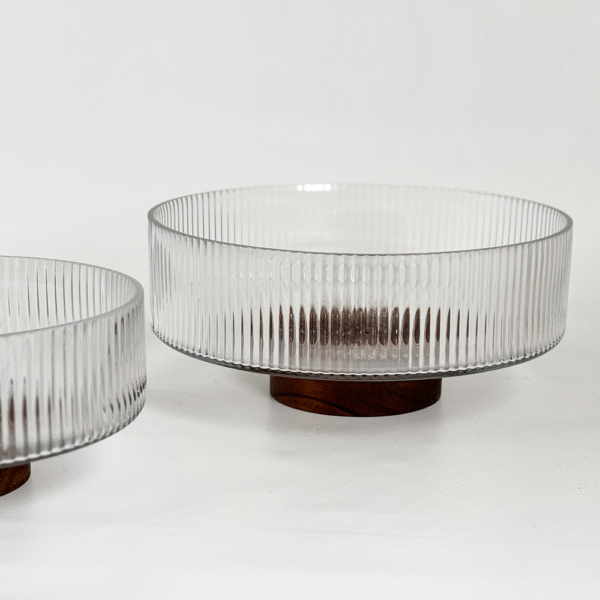 BOWL ENSALADERAS DE VIDRIO CON BASE DE ACACIA