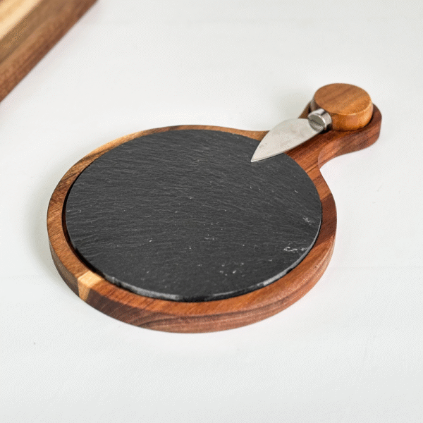 TABLA QUESERA REDONDA DE ACACIA Y LAJA CON CUCHILLO