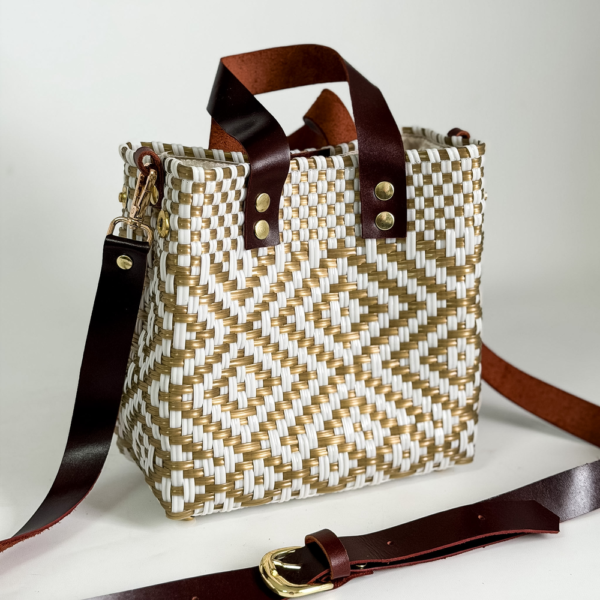 CARTERA MINIBAG MEXICO ROMBOS DORADOS Y BLANCO